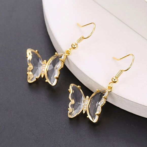 CZ Butterfly Glass Drop Dangle Earrings 925 Sterling Silver Post CZ Gold Plated - Picture 3 of 4
